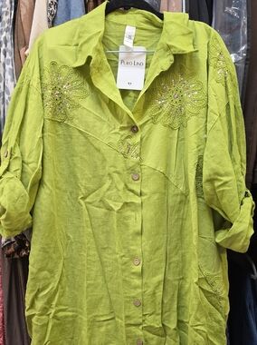 Women's Lime Green Embroidered Button-Up Linen Dress